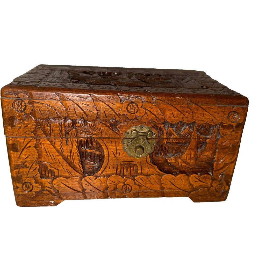 Vintage Hand Carved Camphor Wood Trunk Box Asian Landscape Relief Brass Latch